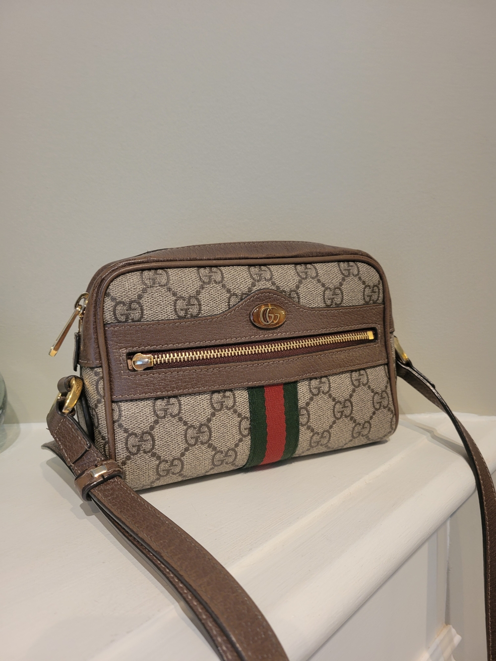 Gucci Brown Monogram Crossbody Bag with Signature Web Stripe